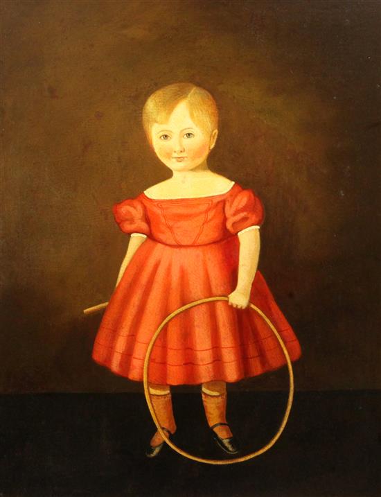 English School c.1820 Portrait of a young girl with hoop 23 x 19in.